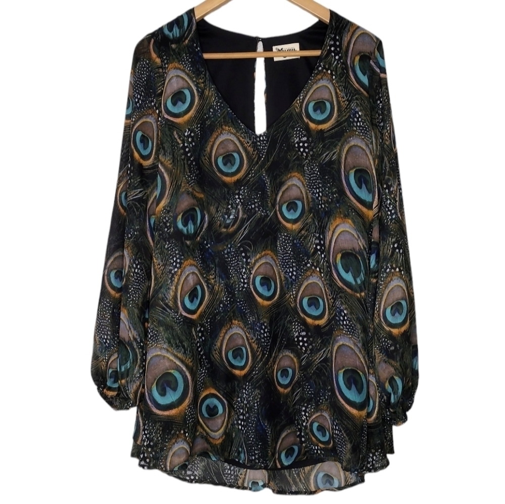 Show Me Your MuMu Donna Michelle Feather Fans Peacock Casual Tunic Sz XS